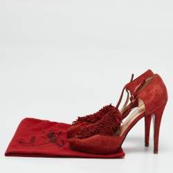 Christian Louboutin Red Suede Flower Bow Ankle Strap Sandals Size 38