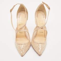 Pre Owned Christian Louboutin Beige Patent Leather and Sequins Twistissima Pumps Size 40