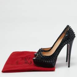 Pre Owned Christian Louboutin Black Patent Leather Lady Peep Spikes Platform Pumps Size 39.5
