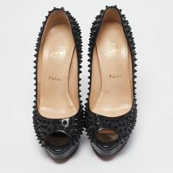 Pre Owned Christian Louboutin Black Patent Leather Lady Peep Spikes Platform Pumps Size 39.5