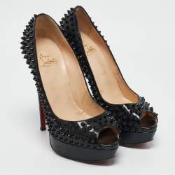 Pre Owned Christian Louboutin Black Patent Leather Lady Peep Spikes Platform Pumps Size 39.5