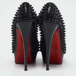 Pre Owned Christian Louboutin Black Patent Leather Lady Peep Spikes Platform Pumps Size 39.5