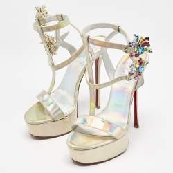 Pre Owned Christian Louboutin Iridescent Light Gold Patent Leather Mara Joli Ankle Strap Sandals Size 38
