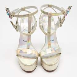 Pre Owned Christian Louboutin Iridescent Light Gold Patent Leather Mara Joli Ankle Strap Sandals Size 38