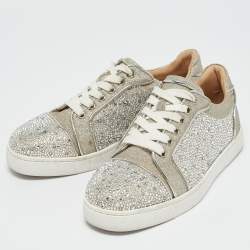 مملوكة مسبقًا Christian Louboutin Silver Glitter Crystal Embellished Vieira 2 Lace Up Sneakers Size 36.5