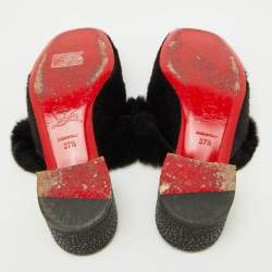 Pre Owned Christian Louboutin Black Croc Print Calfhair and Fur Boudiva Mules Size 37.5