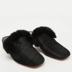 Pre Owned Christian Louboutin Black Croc Print Calfhair and Fur Boudiva Mules Size 37.5