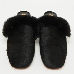 Pre Owned Christian Louboutin Black Croc Print Calfhair and Fur Boudiva Mules Size 37.5