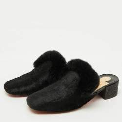 Pre Owned Christian Louboutin Black Croc Print Calfhair and Fur Boudiva Mules Size 37.5