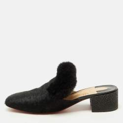 Pre Owned Christian Louboutin Black Croc Print Calfhair and Fur Boudiva Mules Size 37.5