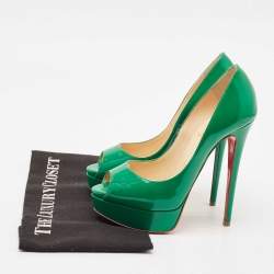 Pre Owned Christian Louboutin Green Patent Leather Lady Peep Toe Platform Pumps Size 36.5