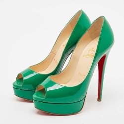 Pre Owned Christian Louboutin Green Patent Leather Lady Peep Toe Platform Pumps Size 36.5