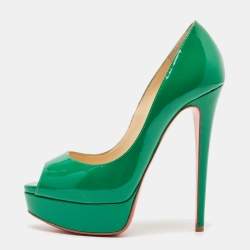 Pre Owned Christian Louboutin Green Patent Leather Lady Peep Toe Platform Pumps Size 36.5