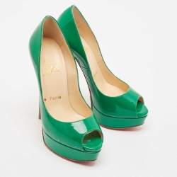 Pre Owned Christian Louboutin Green Patent Leather Lady Peep Toe Platform Pumps Size 36.5