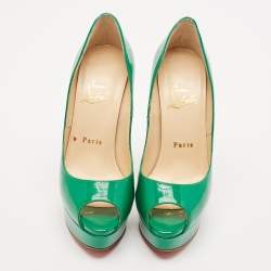 Pre Owned Christian Louboutin Green Patent Leather Lady Peep Toe Platform Pumps Size 36.5