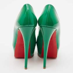 Pre Owned Christian Louboutin Green Patent Leather Lady Peep Toe Platform Pumps Size 36.5