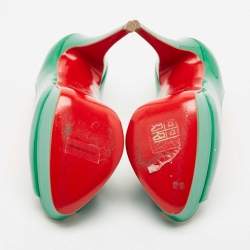 Pre Owned Christian Louboutin Green Patent Leather Lady Peep Toe Platform Pumps Size 36.5