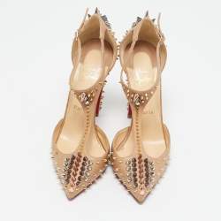 Pre Owned Christian Louboutin Beige Leather Goldostrap Spike Pumps Size 38