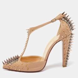Pre Owned Christian Louboutin Beige Leather Goldostrap Spike Pumps Size 38