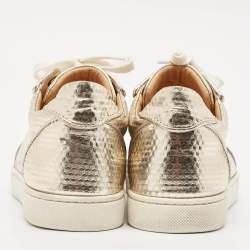 Christian Louboutin Gold Pattern Embossed Leather Louis Junior Spikes Low Top Sneakers Size 38.5