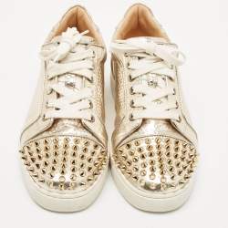 Christian Louboutin Gold Pattern Embossed Leather Louis Junior Spikes Low Top Sneakers Size 38.5