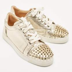 Christian Louboutin Gold Pattern Embossed Leather Louis Junior Spikes Low Top Sneakers Size 38.5
