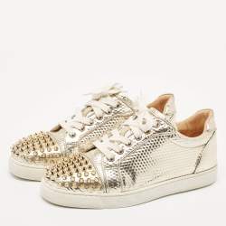 Christian Louboutin Gold Pattern Embossed Leather Louis Junior Spikes Low Top Sneakers Size 38.5