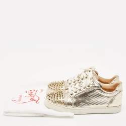 Christian Louboutin Gold Pattern Embossed Leather Louis Junior Spikes Low Top Sneakers Size 38.5