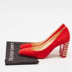Christian Louboutin Red Suede Spiked Block Heels Pumps Size 38.5