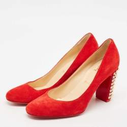 Christian Louboutin Red Suede Spiked Block Heels Pumps Size 38.5