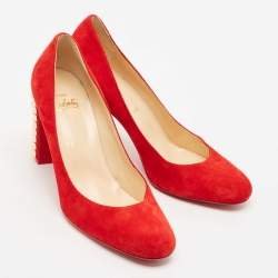 Christian Louboutin Red Suede Spiked Block Heels Pumps Size 38.5