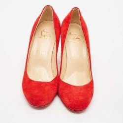Christian Louboutin Red Suede Spiked Block Heels Pumps Size 38.5