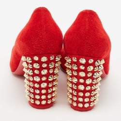 Christian Louboutin Red Suede Spiked Block Heels Pumps Size 38.5