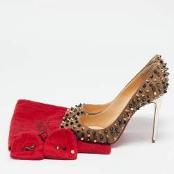 Christian Louboutin Brown Leather Follies Spikes Peep Toe Pumps Size 38.5