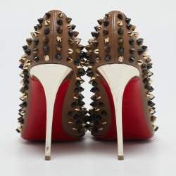 Christian Louboutin Brown Leather Follies Spikes Peep Toe Pumps Size 38.5