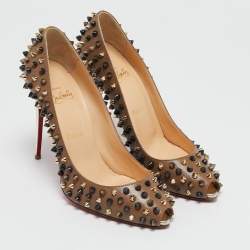 Christian Louboutin Brown Leather Follies Spikes Peep Toe Pumps Size 38.5