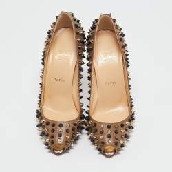 Christian Louboutin Brown Leather Follies Spikes Peep Toe Pumps Size 38.5