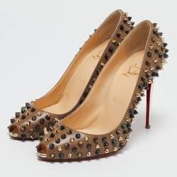 Christian Louboutin Brown Leather Follies Spikes Peep Toe Pumps Size 38.5