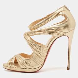 Christian Louboutin Gold Leather Kashou Ankle Strap Sandals Size 38.5