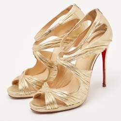 Christian Louboutin Gold Leather Kashou Ankle Strap Sandals Size 38.5