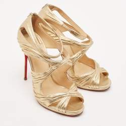 Christian Louboutin Gold Leather Kashou Ankle Strap Sandals Size 38.5
