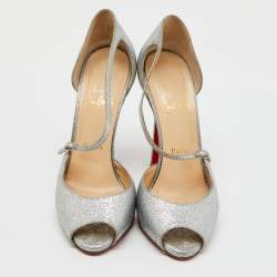 Pre Owned Christian Louboutin Silver Glitter Peep Toe D'orsay Pumps Size 38