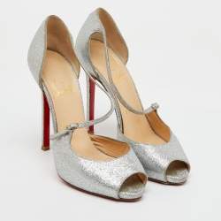 Pre Owned Christian Louboutin Silver Glitter Peep Toe D'orsay Pumps Size 38