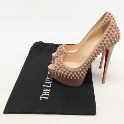 Christian Louboutin Beige Patent Leather Lady Peep Spikes Platform Pumps Size 36.5