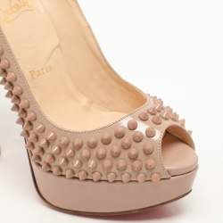 Christian Louboutin Beige Patent Leather Lady Peep Spikes Platform Pumps Size 36.5