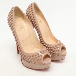Christian Louboutin Beige Patent Leather Lady Peep Spikes Platform Pumps Size 36.5
