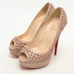 Christian Louboutin Beige Patent Leather Lady Peep Spikes Platform Pumps Size 36.5