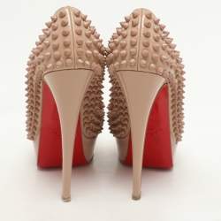 Christian Louboutin Beige Patent Leather Lady Peep Spikes Platform Pumps Size 36.5
