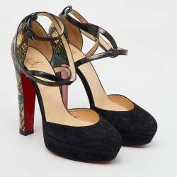 Christian Louboutin Black/Green Suede and Python Ankle Strap Platform Pumps Size 38.5