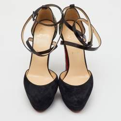 Christian Louboutin Black/Green Suede and Python Ankle Strap Platform Pumps Size 38.5